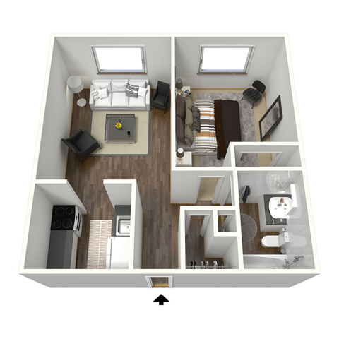 Floor plan for 1 bed, 1 bath, 560 sqft